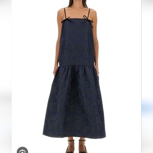 Ganni Navy Blue Botanical Jacquard Floral Bow Strap Dress Size 38, US6
